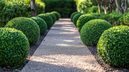 A stunning landscaped pathway surrounded by perfectly shaped spherical shrubs and fresh greenery.