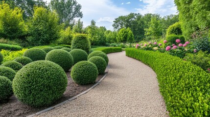 A vibrant, well-manicured garden path bordered by spherical shrubs and blooming plants under a clear sky.