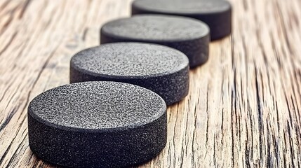 Four Black Hockey Pucks Arranged in a Linear Pattern on a Textured Wooden Surface