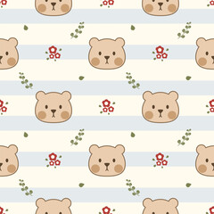 Face bear cartoon so cute. On flower leaf background. Pattern seamless vector illustration. 