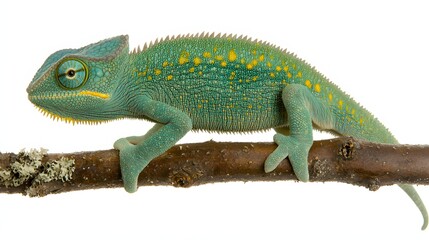 Obraz premium Colorful Green Chameleon Climbing on a Branch in Detailed Close-Up View in Natural Habitat