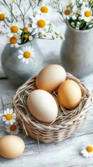 Charming rustic eggs in woven basket with daisies. Natural eggs display adds rustic charm to spring decor. For seasonal and easter greeting cards and blog visuals. Vertical shot.