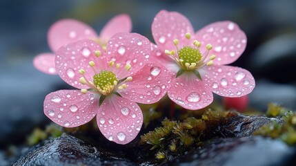 Delicate pink flowers with water droplets on dark rocks.