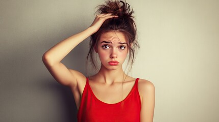 Fototapeta premium A young woman in a confused state, scratching her head while thinking, isolated on a neutral background.