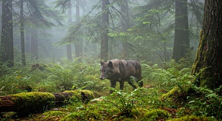 An Alexander Archipelago Wolf Moves Silently Through a Dense, Moss-Covered Rainforest, Its Dark, Thick Fur Blending Into the Deep Greens and Browns of the Undergrowth