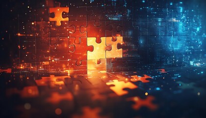Obraz premium Digital representation of AI integration with interlocking puzzle pieces against a futuristic techinspired abstract background, symbolizing connectivity