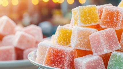 Traditional desserts at a night market Concept, Vibrant Turkish Delight in Pastel Colors with a Delicate Appearance Set Against a Soft Background