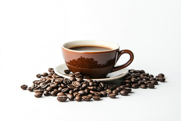 Photograph of a cup and coffee beans on a white background.