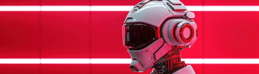 Fototapeta premium A futuristic robotic helmet with glowing red accents against a bright red background, conveying a sci-fi aesthetic.