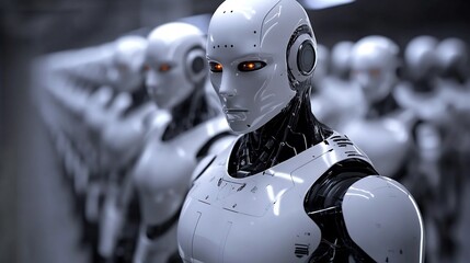 Fototapeta premium Futuristic Robotic Soldiers in Mechanical Uniform Assembled in Lineup