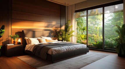 Modern luxury bedroom design with cozy ambiance featu king-size bed, dark wood paneling, ambient lighting, and lush decorative elements in rende