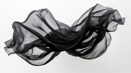 Graceful black fabric billowing in midair, flowing folds and delicate movement, set against a clean white background