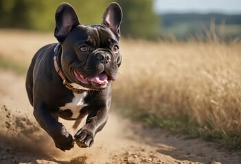Fototapeta premium french bulldog running on the countryside, dog playing outdoors in the wild meadown