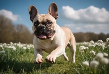 Obraz premium french bulldog running on the countryside, dog playing outdoors in the wild meadown