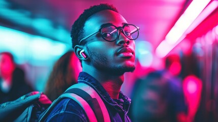 Fototapeta premium A young man wearing glasses and wireless earbuds gazes confidently at the camera in a colorful subway setting, illuminated by vibrant neon lights.