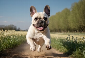 Fototapeta premium french bulldog running on the countryside, dog playing outdoors in the wild meadown