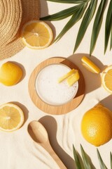 Refreshing Citrus Drink on Sandy Beach With Lemons, Straw Hat, and Palm Leaves