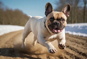 Fototapeta premium french bulldog running on the countryside, dog playing outdoors in the wild meadown