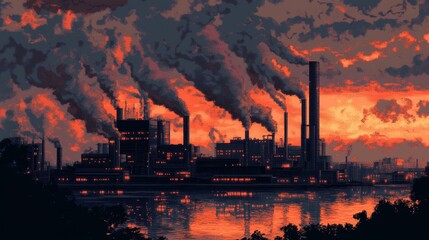 Industrial skyline releases smoke under a fiery sky
