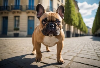 french bulldog running in the streets of paris, dog playing outdoors in the city