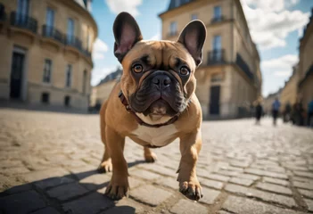 french bulldog running in the streets of paris, dog playing outdoors in the city