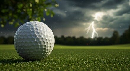 Obraz premium Golf Ball on Green Grass Field with a Dramatic Stormy Sky and Lightning