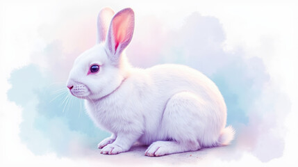 Obraz premium fluffy white rabbit sitting gracefully against soft pastel background. Its large ears and gentle expression evoke sense of calm and innocence