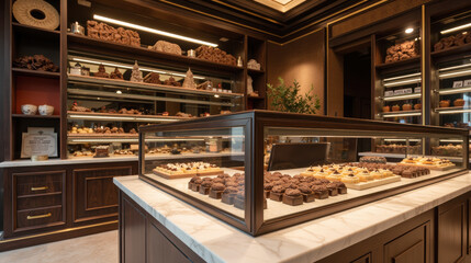 Luxurious chocolate shop interior with elegant display cases showcasing various desserts and confections