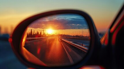 Rearview mirror reflecting the last light of the day, with the highway disappearing into the evening glow.