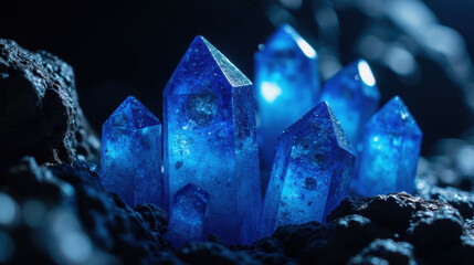 Obraz premium Shimmering blue crystals glisten on rocky surface, creating magical atmosphere. Their sharp edges and vibrant color enhance enchanting scene
