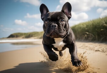 french bulldog running on the sand of a beach, dog playing outdoors on the shores near the oacen