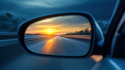 Side mirror view of a breathtaking sunset, captured during an evening drive through a peaceful highway.