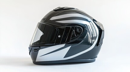 Fototapeta premium Sleek and aerodynamic motorcycle helmet with a modern design, floating against a seamless white background.