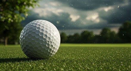 Obraz premium Golf Ball on Green Grass with Storm Clouds Above the Golf Course Scene