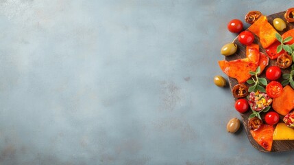 colorful assortment of snacks and canapés elegantly arranged on wooden board with cherry tomatoes olives and herb garnishments