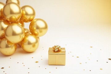 golden balloons and gift box on a white table with confetti
