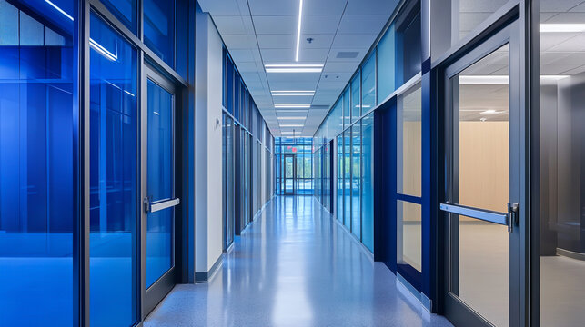 Photograph of a hospital corridor with doors and glass walls, featuring a blue color scheme and bright lighting.