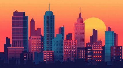 A vibrant city skyline at sunset, showcasing diverse skyscrapers against a warm, colorful sky.