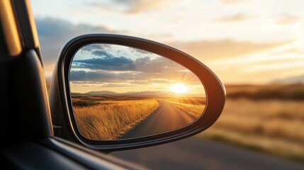 Fototapeta premium The last rays of daylight captured in the side mirror, creating a peaceful driving experience.