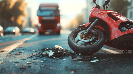 The aftermath: Accident scene with a motorcycle on the road. Debris and wreckage from a motorcycle accident on the road. A sobering image that will draw empathy and evoke thought for the victims 
