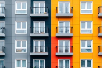 Fototapeta premium A vibrant facade featuring a mix of gray, orange, and yellow apartment balconies, showcasing modern architectural design and urban living.