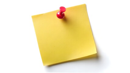 Yellow Sticky Note Pinned With a Red Thumbtack on White Background
