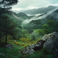 Obraz premium Photograph of a lush green valley with trees and rocks shrouded in fog, with mountains in the background.