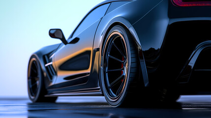 Sleek Car Silhouette: An eye-level shot presents a black sports car, emphasizing its smooth curves and refined details in a dynamic display of automotive design.