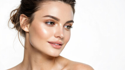 Obraz premium Radiant Beauty: Captivating Close-Up of a Woman's Face with Natural Glow and Soft Features