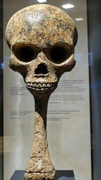 Ancient skull artifact displayed in museum showcasing prehistoric human history and culture