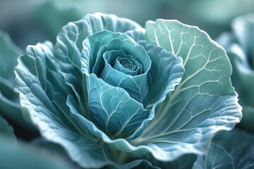 Fototapeta premium Close-up view of a fresh green cabbage with intricate leaf patterns and dew drops gently glistening under soft lighting