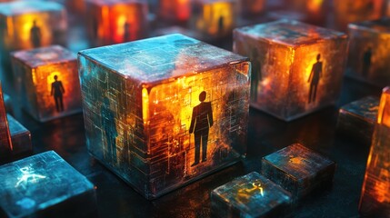 Abstract representation of human figures encased in glowing, translucent cubes, symbolizing individuality and connectivity