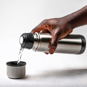 un mano vierte agua liquido de un termo sobre fondo blanco