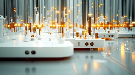 Abstract futuristic city of connected white rectangles and glowing lights on a metallic surface.